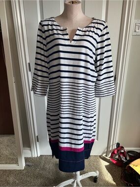 Hatley Striped Navy and White Shift Dress with Pink Accent